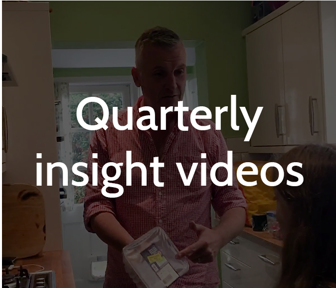 Quarterly insight videos title. Dad showing daughter food in kitchen. FMCG focus.