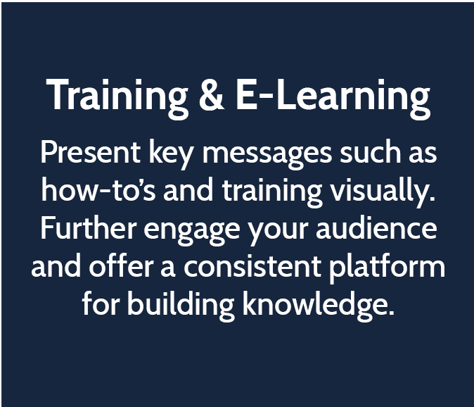 Training & E-Learning  Present key messages such as how-to’s and training visually. Further engage your audience and offer a consistent platform for building knowledge. 